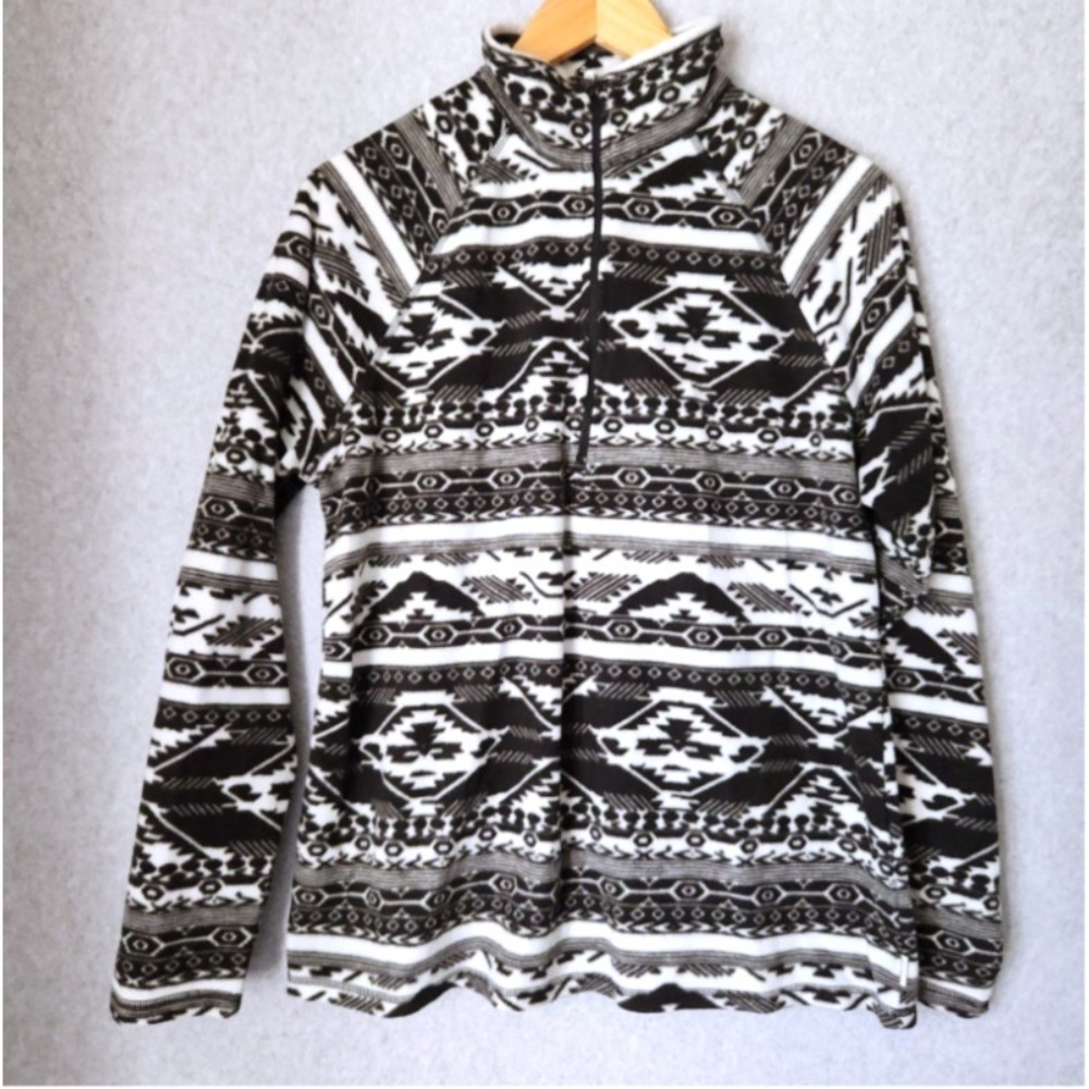 Eddie Bauer 1/4 Zip Pullover Fleece Sweatshirt Women's Large Black White‎ Aztec